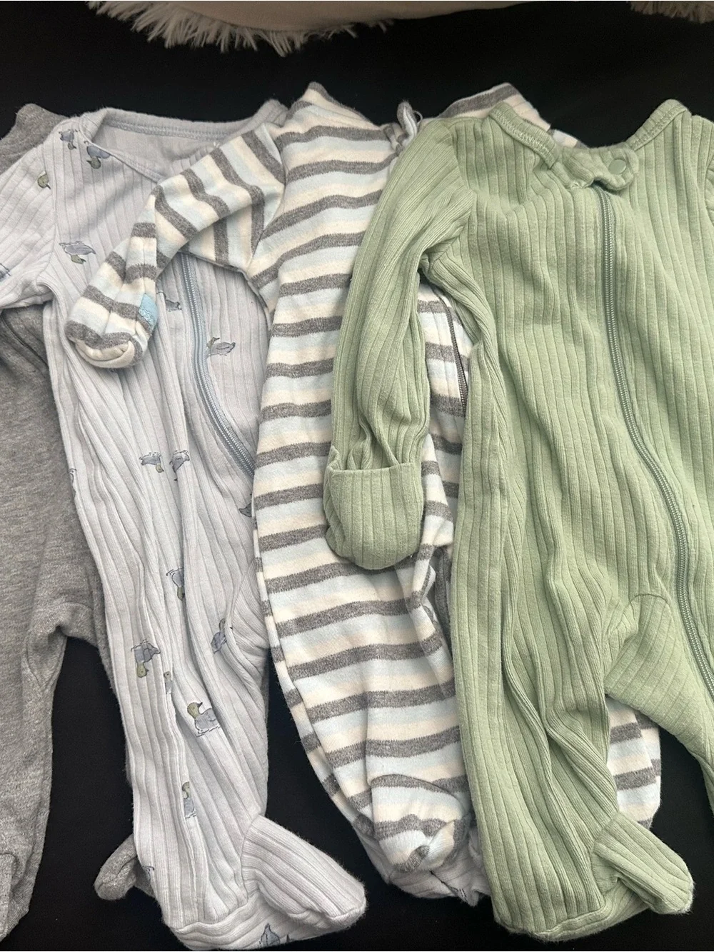 4 Newborn Baby Ribbed Footed One-Piece - Green, Gray & Ivory Stripes